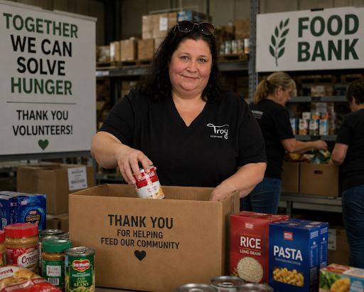 A Troy Medicare team member volunteers at the Coharie Food Pantry, packing a donation box beside a 'Together We Can Solve Hunger' sign.