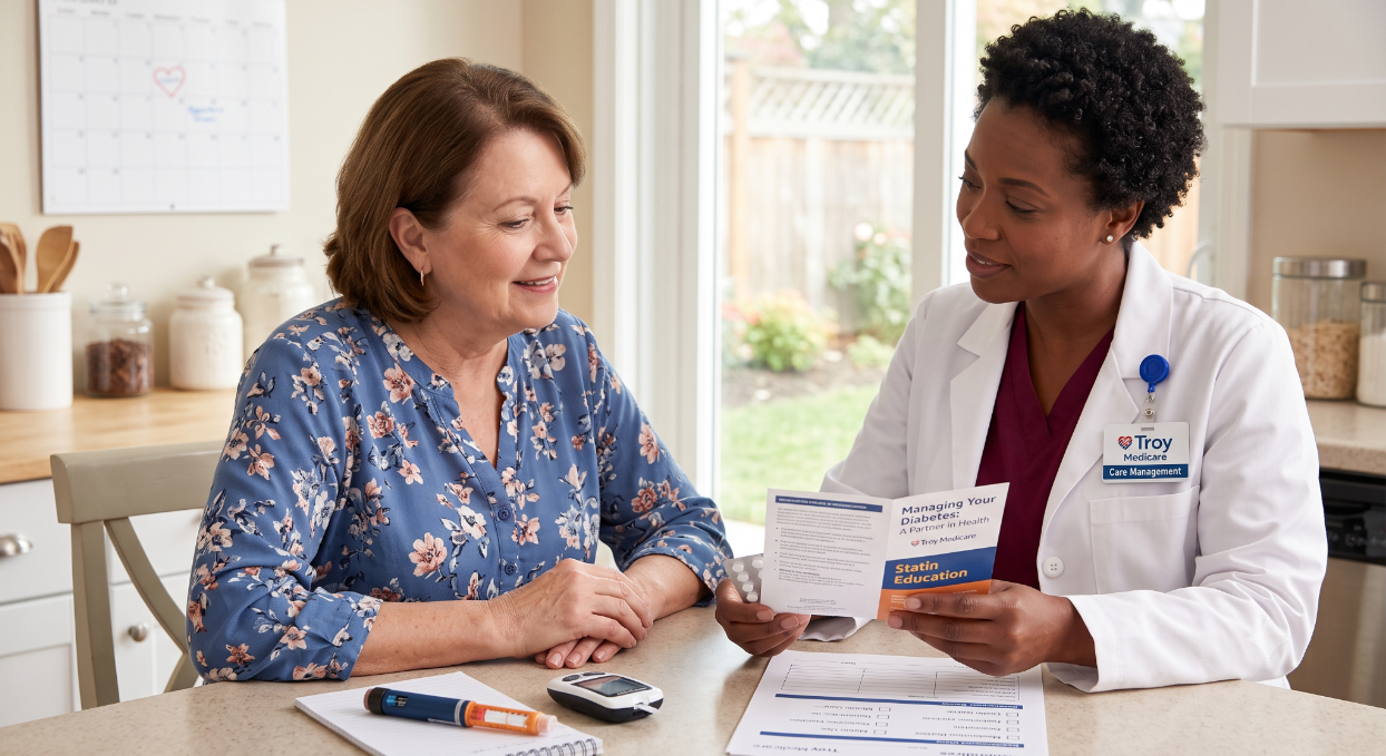 A Troy Medicare Care Management pharmacist reviews diabetes education materials with an older adult member at a kitchen table.